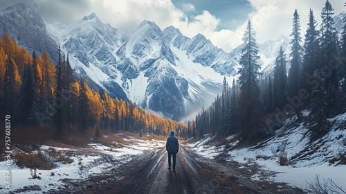 A composite image of a traveler standing at the crossroads of diverse terrains  from snowy mountains to lush forests. Rich, natural colors emphasize the beauty and variety of landscapes.  photo