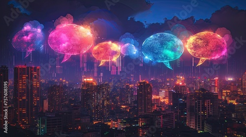 Speech bubbles filled with intriguing snippets of gossip floating above a city skyline at night. Neon lights and vibrant colors evoke the energy of urban nightlife, drawing inspiration from pop art.