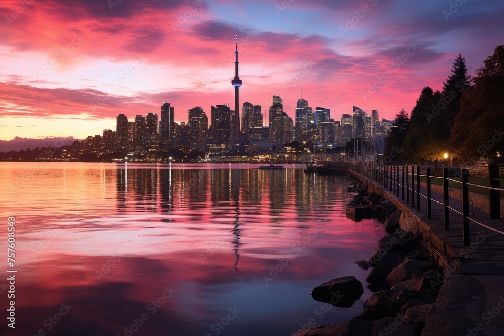 Toronto skyline mirrors in water at dusk, blending buildings with the sky