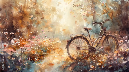 Oversized Floral Bicycle Ride Through a Sun-Dappled Enchanted Forest in a Whimsical Watercolor Art © Sittichok