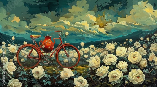 Teapot-Shaped Bicycle Ride Through Towering White Roses Field in a Surrealistic 1960s-Inspired Acrylic Painting