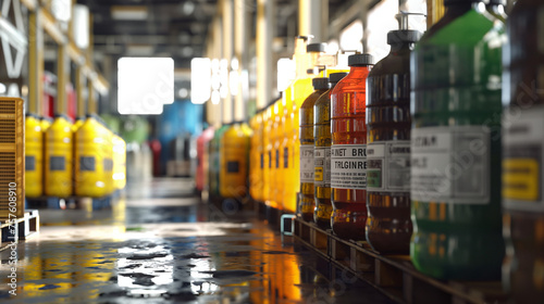 Industrial chemical storage, colorful liquid containers, hazardous materials