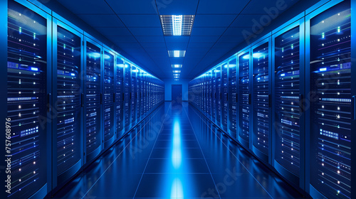 Plakat Server room with blue lights, data center technology, network infrastructure