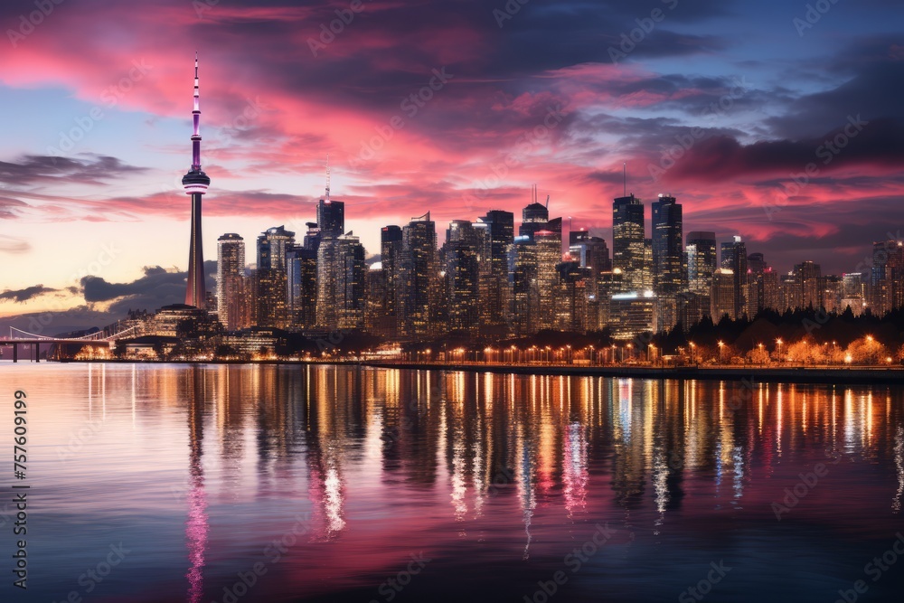 Toronto skyline reflected in water at sunset, with clouds painting the sky