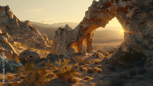 Desert sunrise through a natural stone arch, tranquil wilderness © CosmoJulia