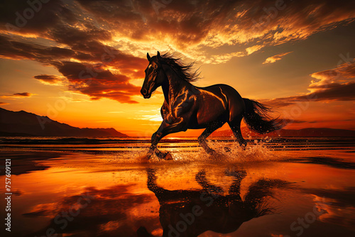 A Horse Galloping on the Beach at Sunset © petro