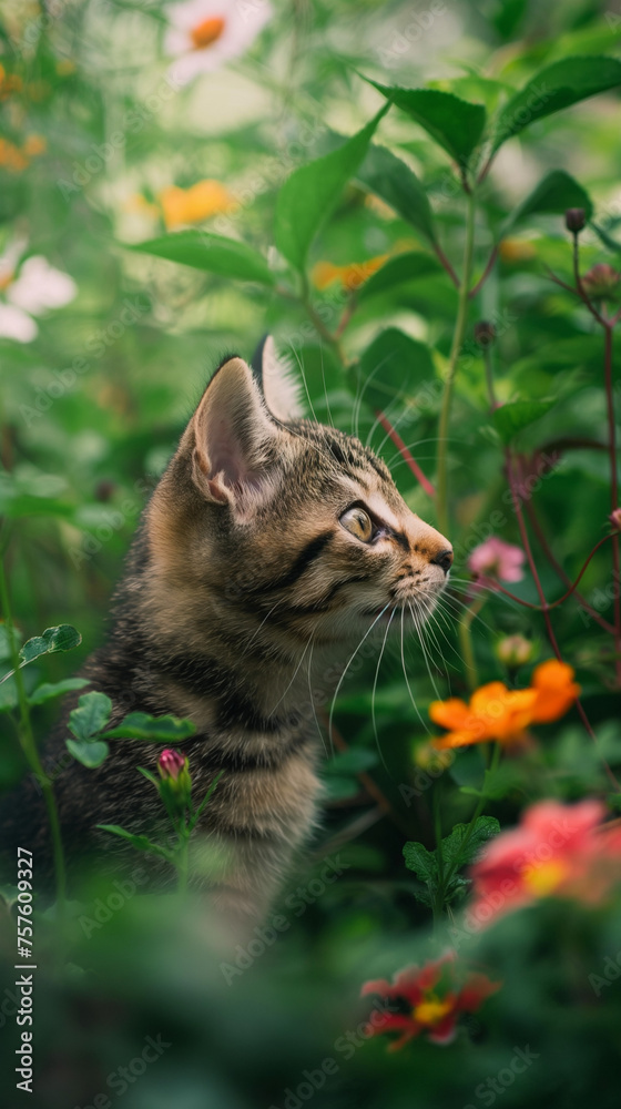 A kitten exploring a garden, hiding among the flowers and plants, playful and adventurous mood.