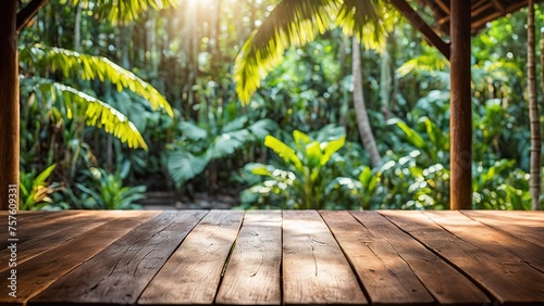  a rustic wooden table foregrounding a tastefully blurred tropical island backdrop