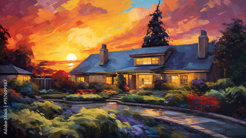 Fototapeta premium Impressionist Sunset House, Warm Colorful Evening Glow, Idyllic Home Digital Painting