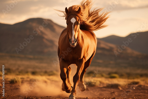 Chestnut Horse Running, Wild and Majestic, Dusty Desert Background