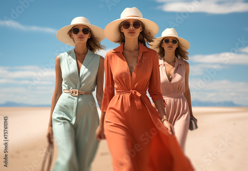 Jóvenes elegantes bellas mujeres vestidas con ropa de verano y gafas de sol  paseando por la playa en dia soleado.Moda y verano.
 photo