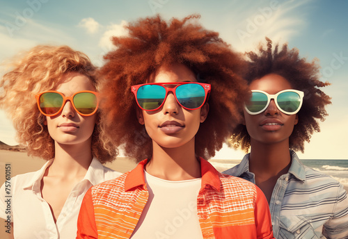 Jóvenes elegantes bellas mujeres vestidas con ropa de verano y gafas de sol  paseando por la playa en dia soleado.Moda y verano.
 photo