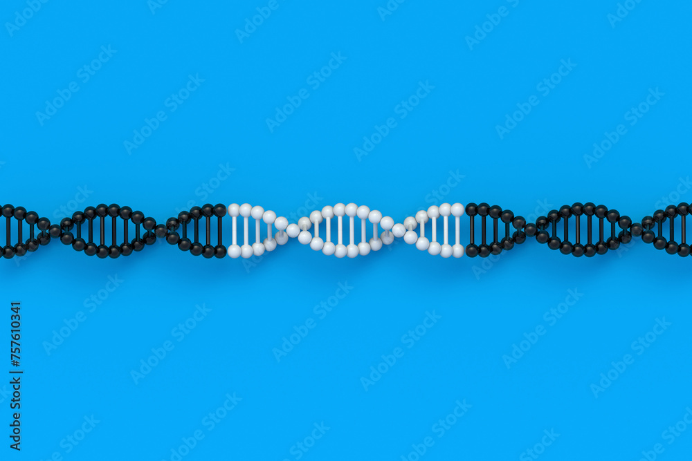 Row of DNA structure on blue background. Spiral molecule model. Genetic biotechnology. Medical innovation technology. Genome evolution. Top view. 3d render