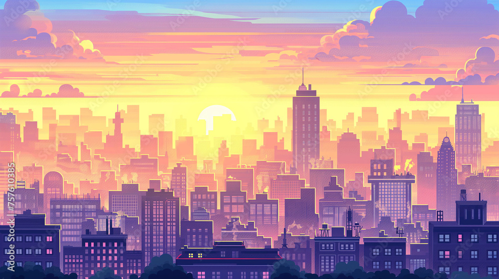 Pixelated Cityscape, Warm Tones, Dawn Sky Over Metropolitan Silhouette Pixelated Cityscape, Warm Tones, Dawn Sky Over Metropolitan Silhouette
