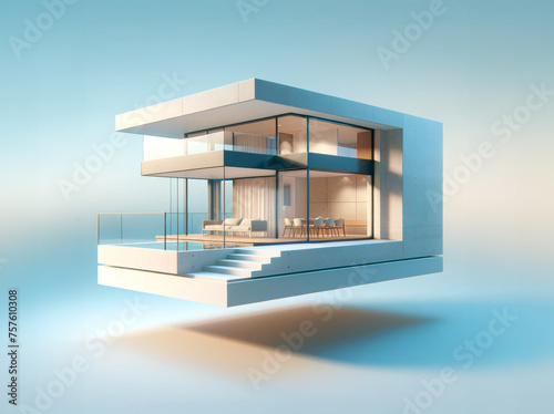 Illustration minimaliste d'une maison d'architecte moderne sur un socle en lévitation photo