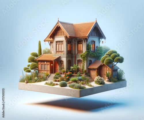 Illustration minimaliste d'une maison ancienne arborée sur un socle en lévitation