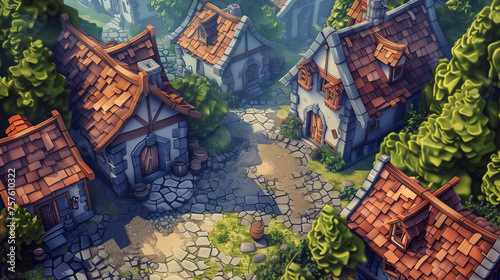 Wallpaper Mural Charming Pixel Village, Daylight, Cobblestone Streets Surrounded by Nature Torontodigital.ca