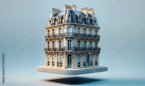 Illustration minimaliste d'un bâtiment de style haussmannien sur un socle en lévitation