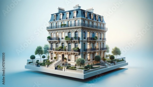 Illustration minimaliste d'un bâtiment de style haussmannien sur un socle en lévitation