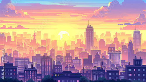 Pixelated Cityscape, Warm Tones, Dawn Sky Over Metropolitan Silhouette