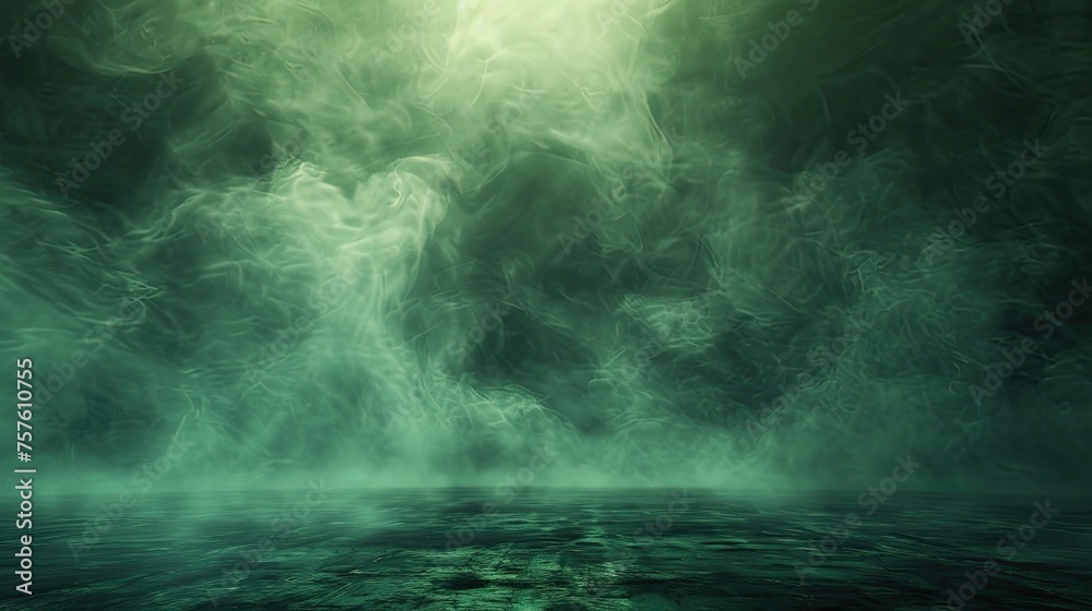 Dark green background fog and light on floor. Mystical mist. smoke in dark room. Banner show product	