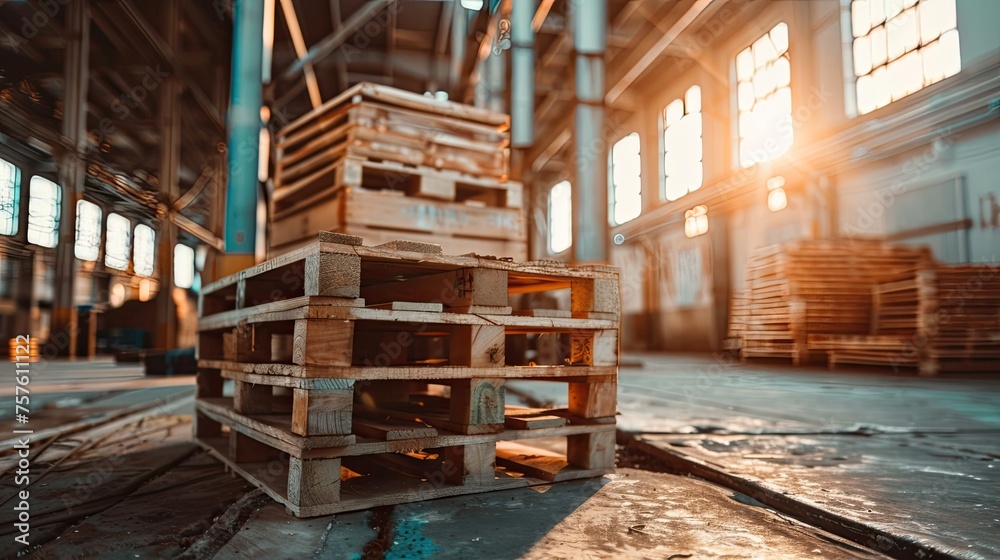 Stack of wooden pallet at factory warehouse. Cargo and shipping. Sustainability of supply chains. Eco-friendly and sustainable properties. Renewable wood pallet Stack of wooden pallet at factory warehouse. Cargo and shipping. Sustainability of supply chains. Eco-friendly and sustainable properties. Renewable wood pallet