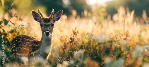 young deer in a summer meadow with copy space photo