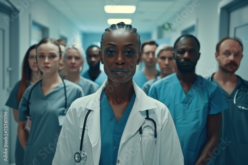 Diverse medical crew looking at the camera in a hospital hallway