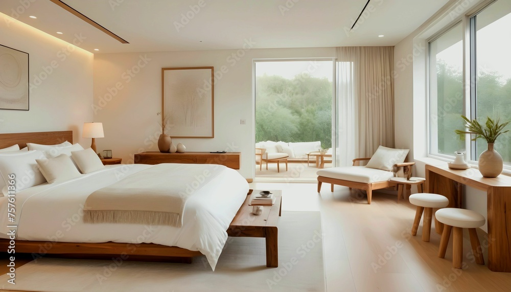 white bedroom serves as the interior backdrop, featuring exquisite furnishings including natural wooden tables in a contemporary style created with generative ai
