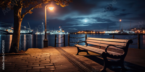 A bench by the harbour in the evening with dramatic light