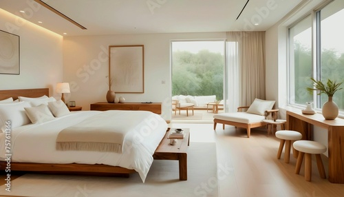 white bedroom serves as the interior backdrop, featuring exquisite furnishings including natural wooden tables in a contemporary style created with generative ai  © Chaudhry