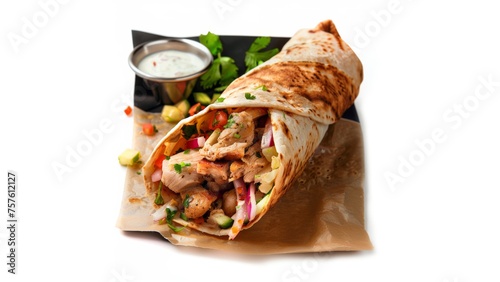 a perfect chiken shwarma wrap, food photography, 80 mm lense, depth of field, white background 