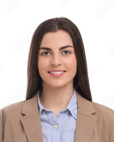 Passport photo. Portrait of woman on white background photo