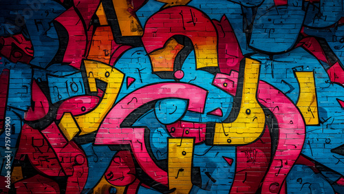 Colorful Abstract Vibrant graffiti artwork on urban wall, creating an abstract and dynamic vibrant Hues and Complex Patterns background. 