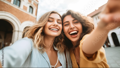 Adorables chicas caucásicas expresando emociones positivas a cámaraen un selfie.
Foto de vacaciones al aire libre de amigos felices posando en la calle. photo