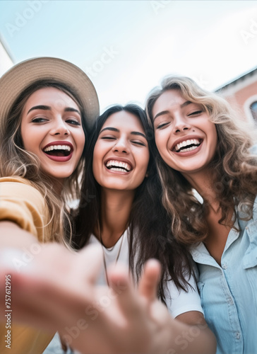 Adorables chicas caucásicas expresando emociones positivas a cámaraen un selfie.
Foto de vacaciones al aire libre de amigos felices posando en la calle.
