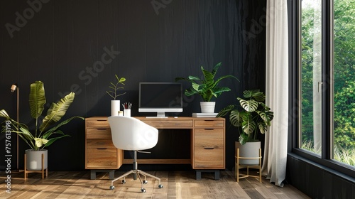 Workplace in modern room with white chair at wooden drawer writing desk against of window near dark grey wall Interior design of modern scandinavian home office  photo