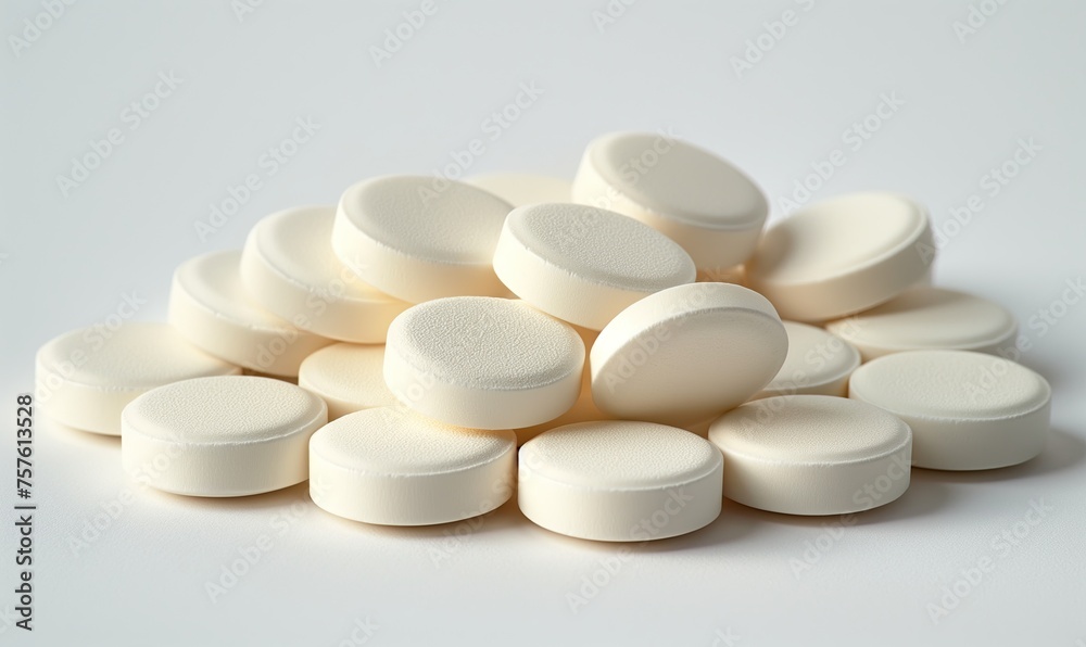Scattered white pills on the table close-up. Scattered white pills on the table close-up.