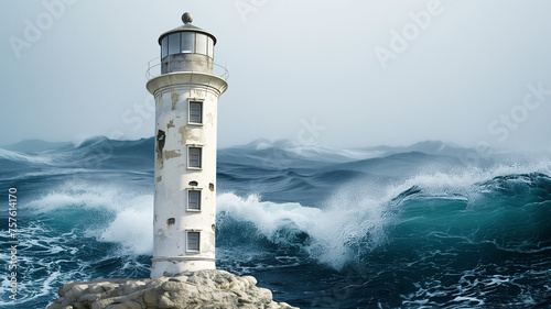Dramatic and captivating scene of an old weathered lighthouse. Contrast between the tumultuous sea and the brooding sky.