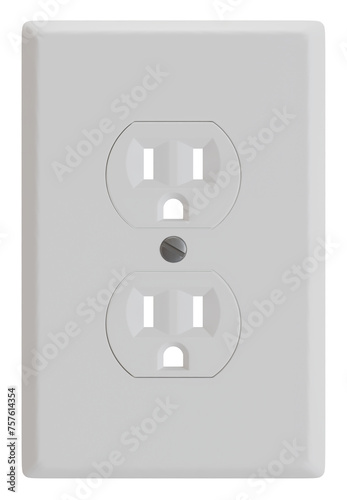 Electrical socket/outlet with white base, two inputs with three pins and one metal screw. Isolated. Transparent background for composition.