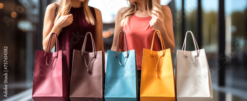 Mujeres de compras. Mujeres felices con bolsas de la compra disfrutando en compras. Consumismo, compras, concepto de estilo de vida photo