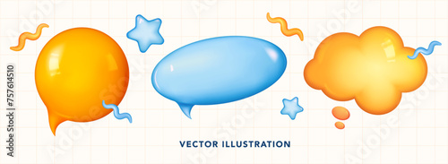 Speech bubbles yellow and blue colors in modern realistic style. 3D frame box for text in different shapes. Bright chat dialogue bubble from plastic material. The set is isolated. Vector illustration.