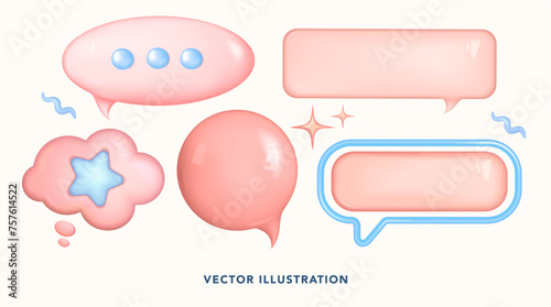 Speech bubbles light pink color in modern realistic style. 3D frame box for text in different shapes. Bright chat dialogue bubble from plastic material. The set is isolated. Vector illustration.