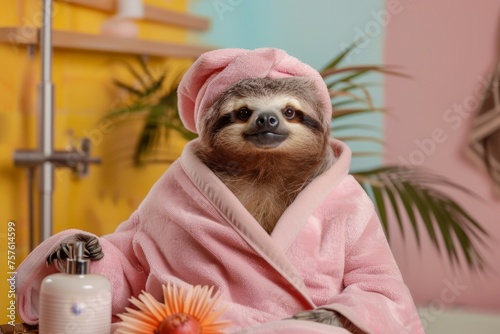 A sloth in a pink bathrobe relaxes after a massage