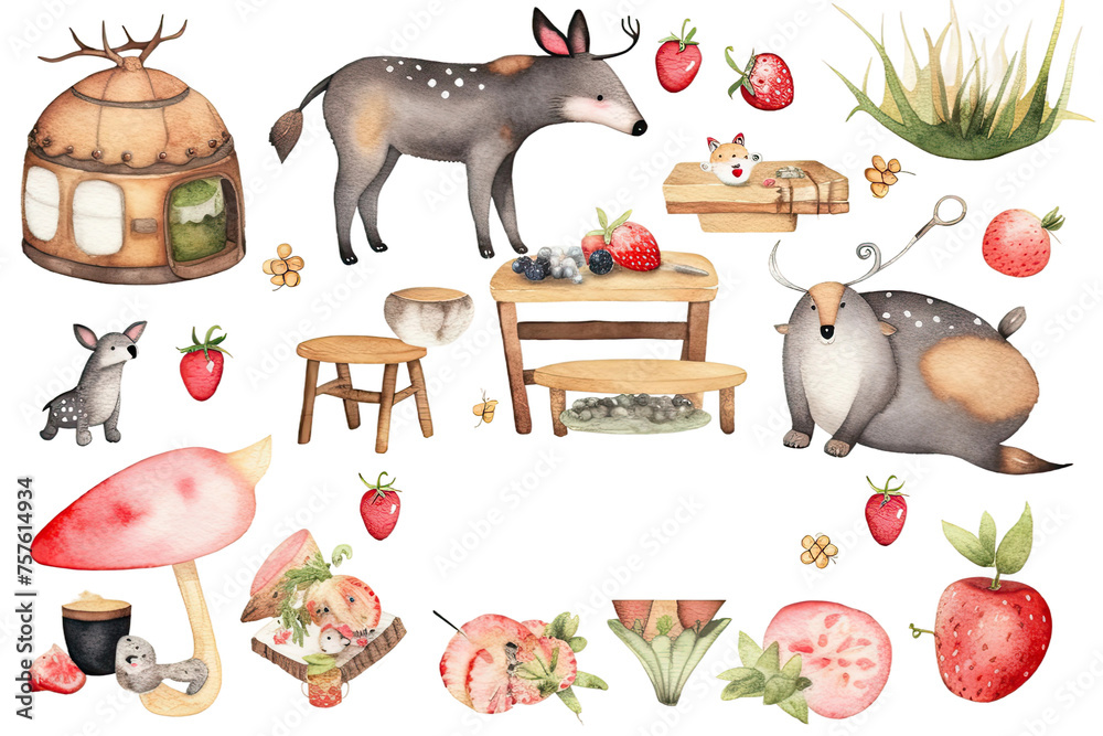 set Animals Picnic Watercolor Woodland