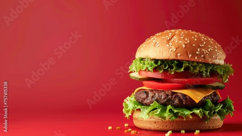 A very tall hamburger, over a red background, copy space - generative ai