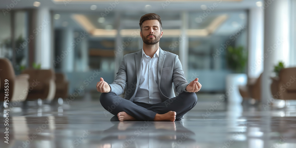 person meditating in yoga pose at office - obrazy, fototapety, plakaty 