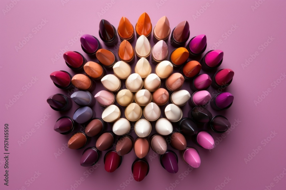 A row of lipsticks are displayed in a circle. Image created by AI A row of lipsticks are displayed in a circle. Image created by AI