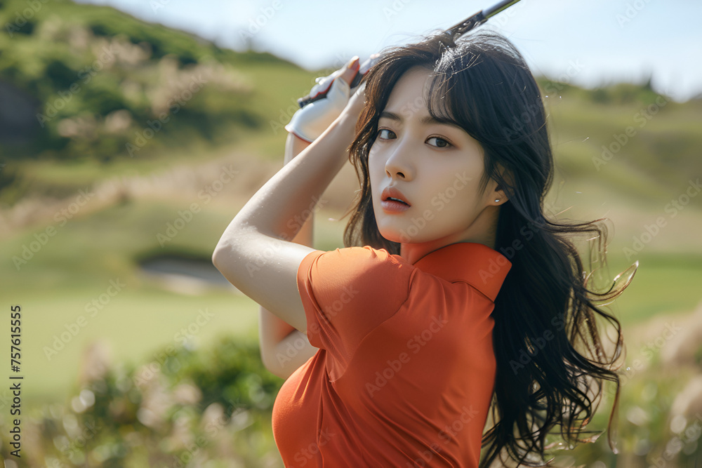 Lady golf swing action at practice, Young golfer girl, A portrait of a female golfer., Young women player golf swing shot on course, Generative Ai