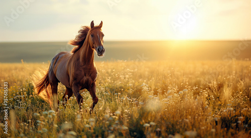 Golden hour glow on a beautiful chestnut horse in the field